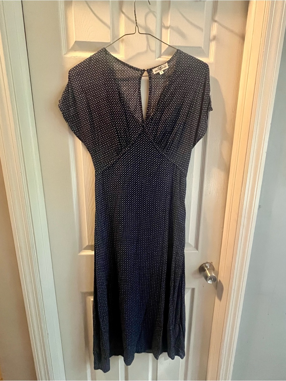 Navy Polka Dot Midi Dress with V-Neck